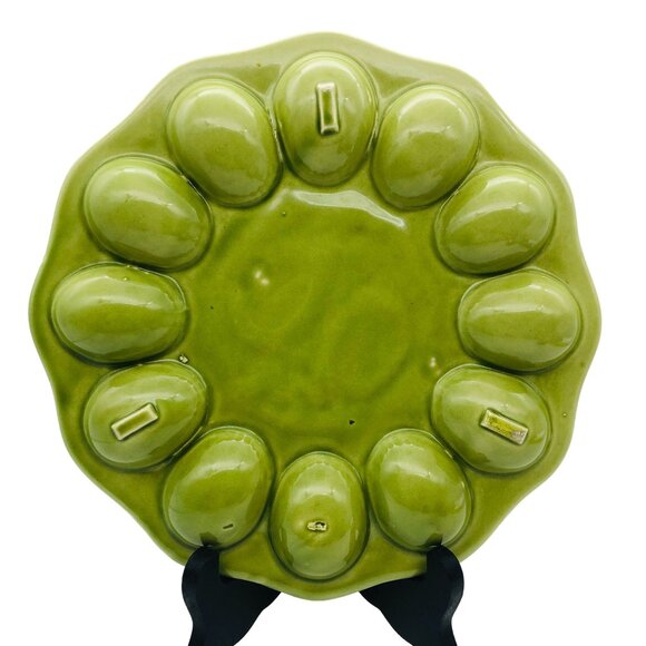 Vtg Green Majolica Deviled Egg Plate Grapevine Decorative Serving Platter - Picture 6 of 7